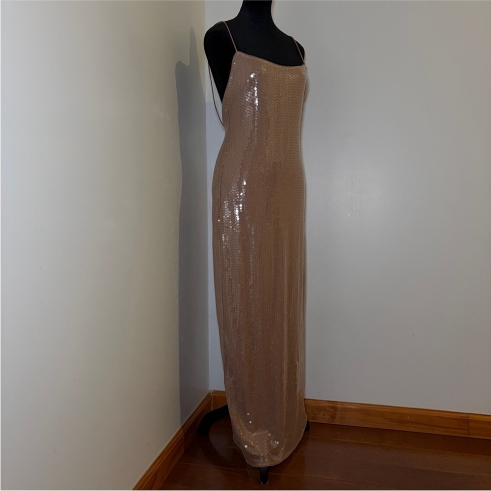 Reformation x Camille Rowe Bevelyn Dress Scoop Neck Midi Sequin Slip Size 6 Nude - Picture 2 of 14